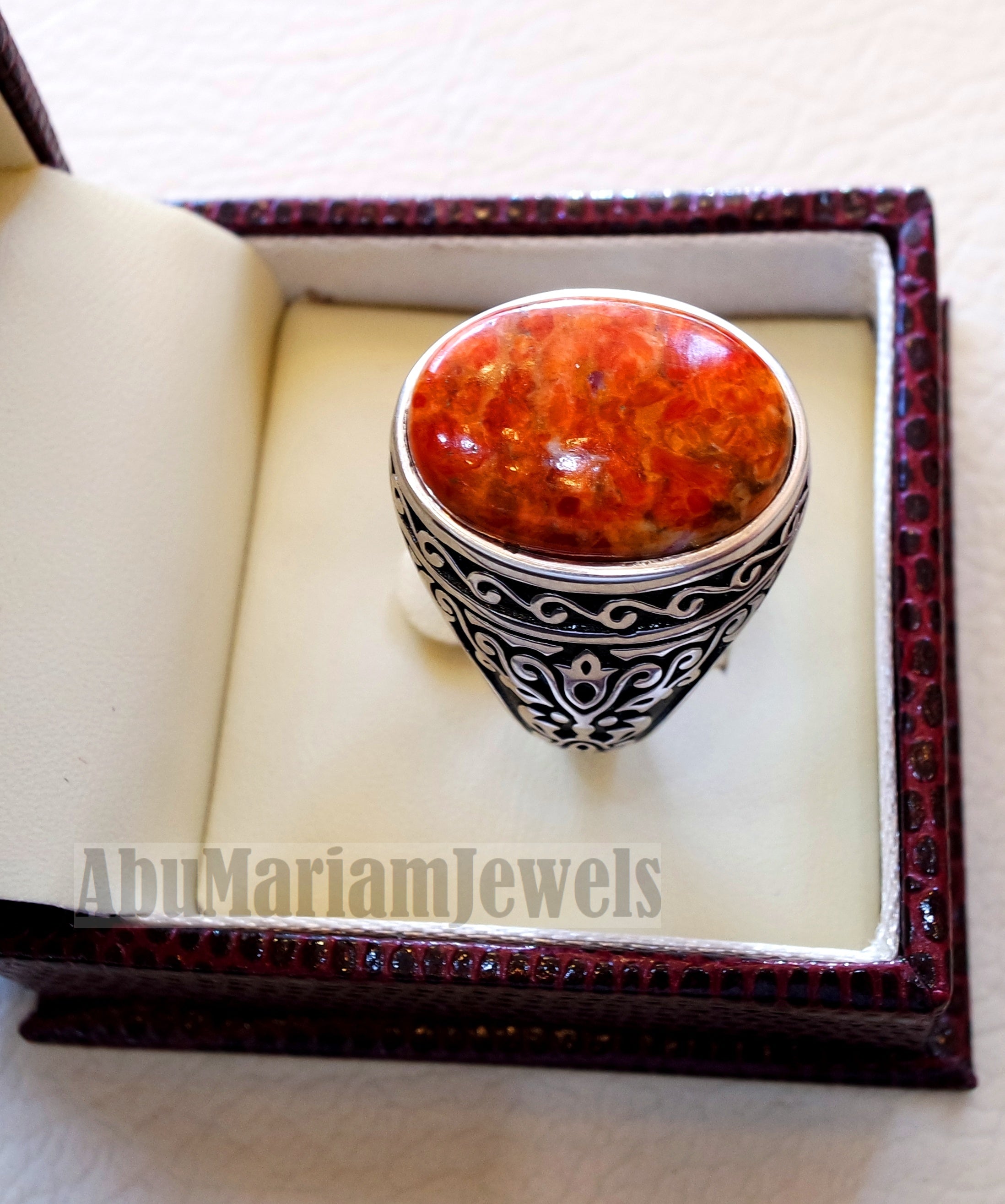 Sponge coral Murjan men ring orange brown red natural stone sterling silver 925 vintage turkish style all sizes fast shipping مرجان