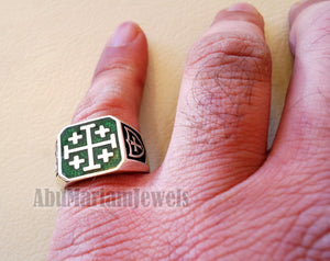 Jerusalem Cross ring christ christian symbol sterling silver 925 green enamel man gift jewelry fast shipping square shape Catholic Orthodox