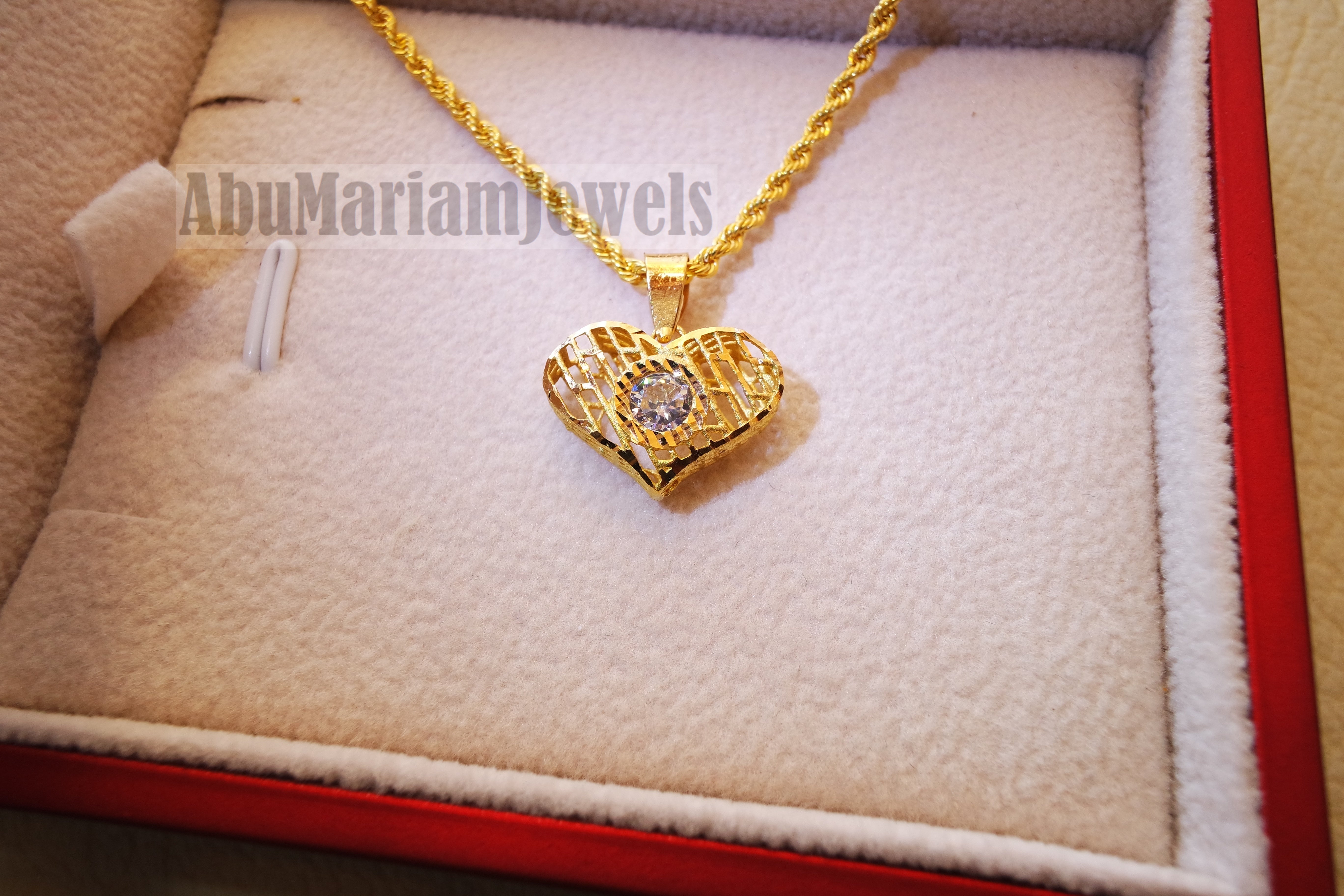 21K gold 3d heart pendant with rope chain gold jewelry with cubic Zirconia stone 16 and 20 inches fast shipping with gift box