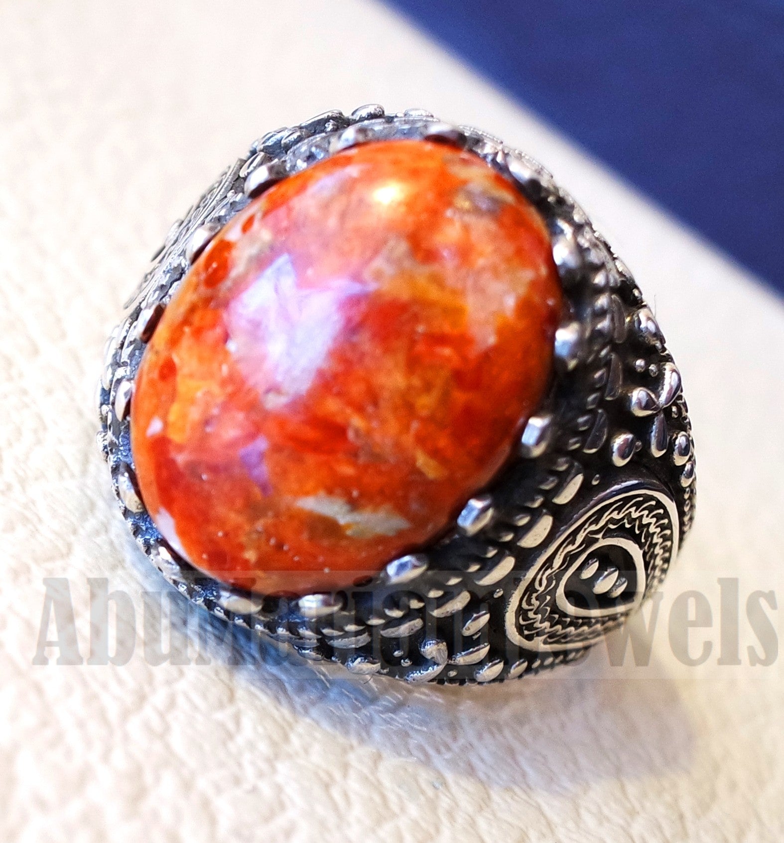 Sponge coral Murjan moonga men ring orange brown red natural stone sterling silver 925 vintage turkish style all sizes fast shipping مرجان