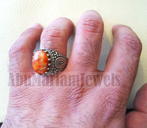 Sponge coral Murjan moonga men ring orange brown red natural stone sterling silver 925 vintage turkish style all sizes fast shipping مرجان