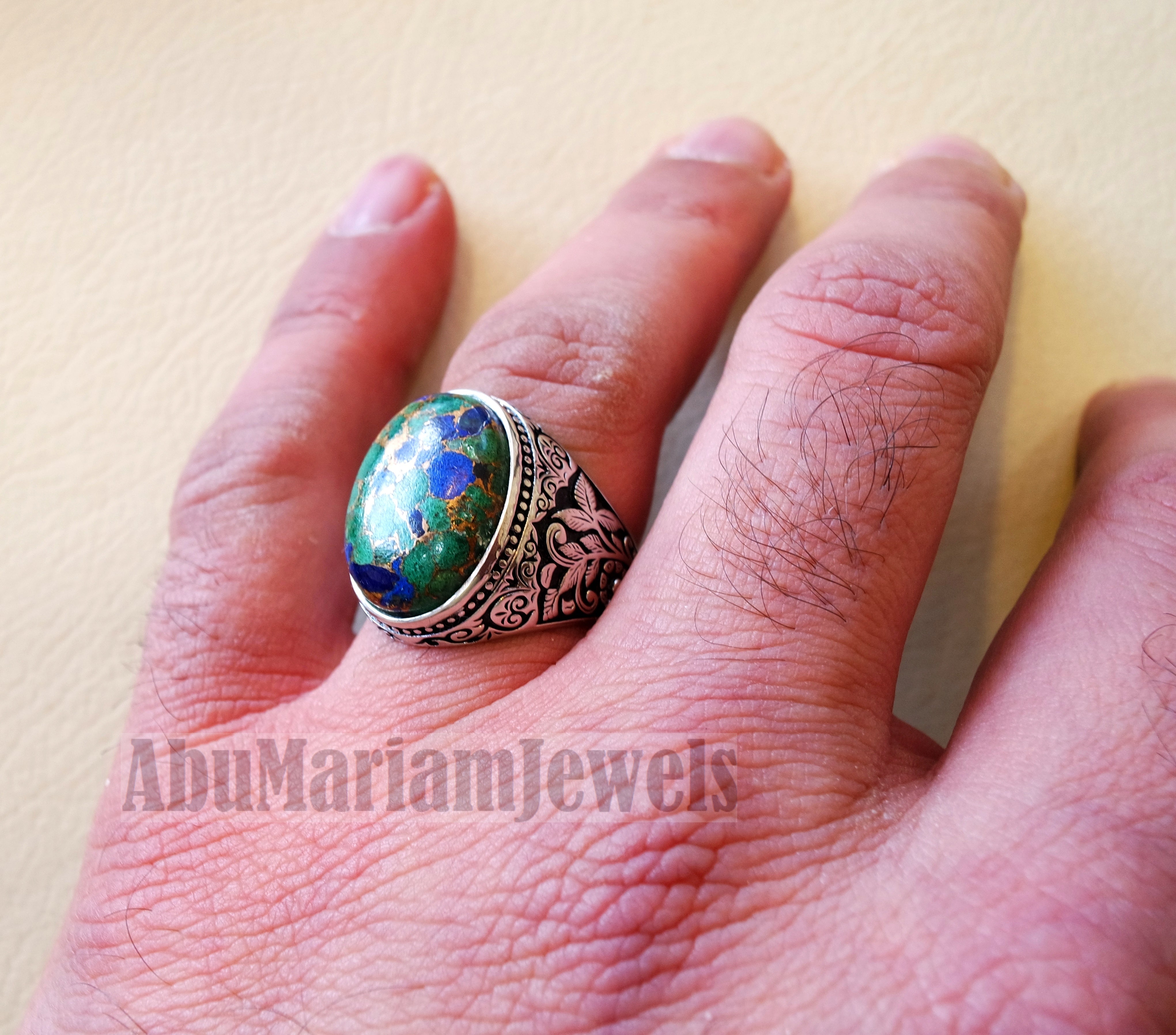 man ring copper Azurite natural stone sterling silver 925 oval cabochon semi precious gem style all sizes jewelry