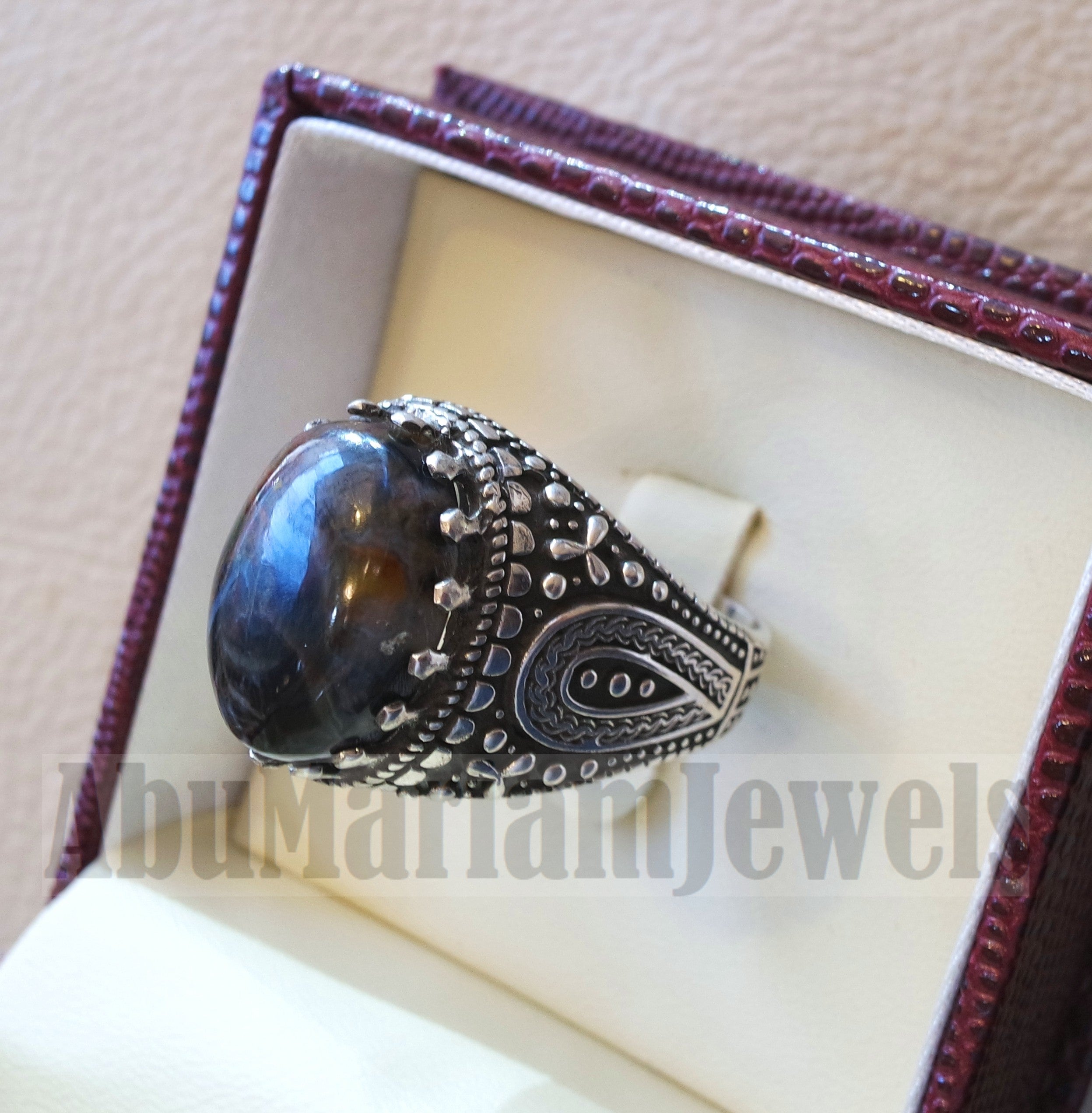 pietersite natural stunning tempest stone man ring sterling silver 925 oval cabochon multi color gem ottoman arabic style all sizes jewelry
