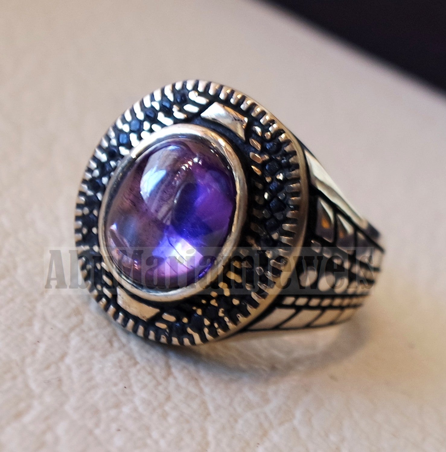 Oval purple tanzanite amethyst color synthetic imitation stone sterling silver 925 bronze stunning ring all sizes middle eastern jewelry black CZ