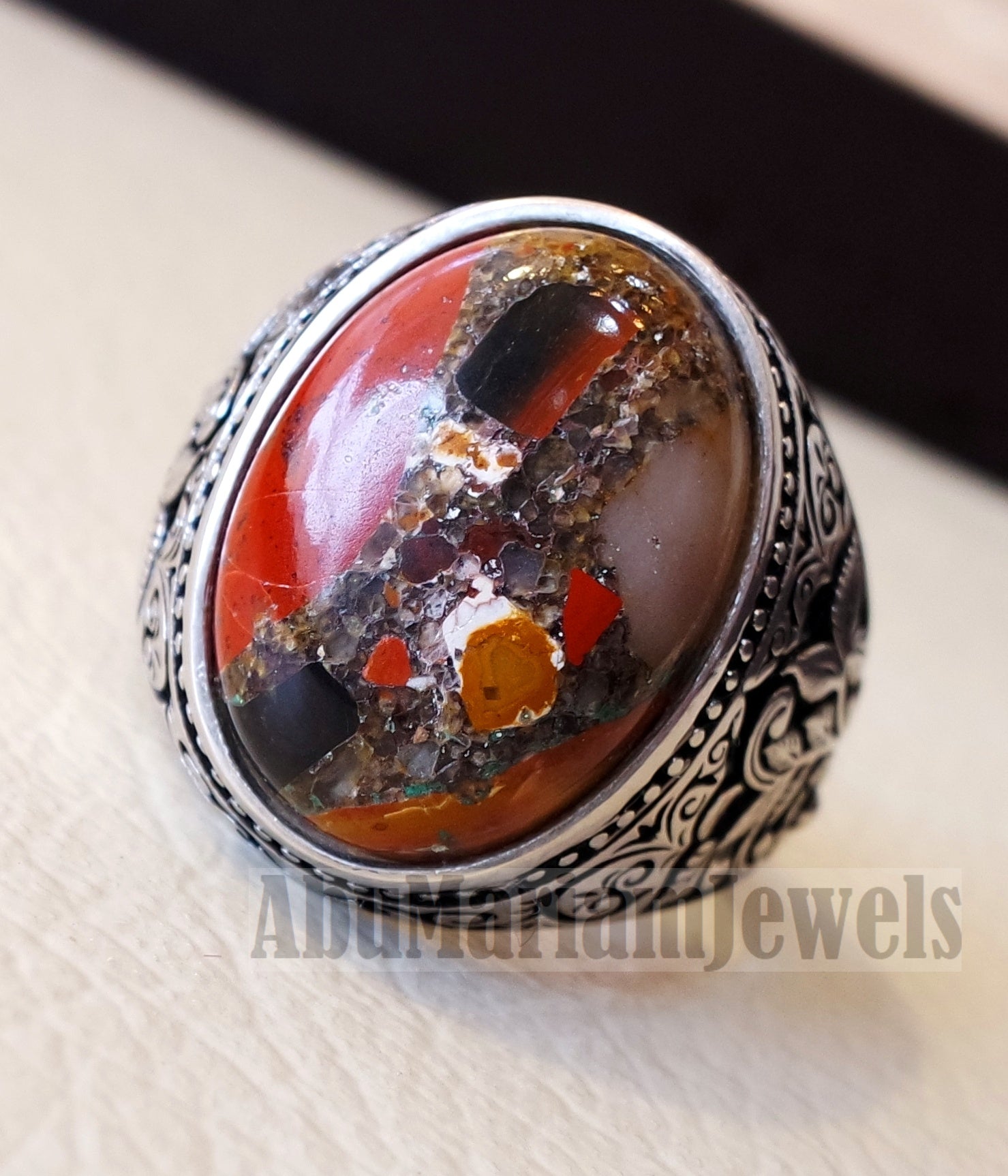 man ring Conglomerate natural stone sterling silver 925 oval cabochon semi precious ottoman style all sizes jewelry colors red brown white