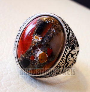 man ring Conglomerate natural stone sterling silver 925 oval cabochon semi precious ottoman style all sizes jewelry colors red brown white