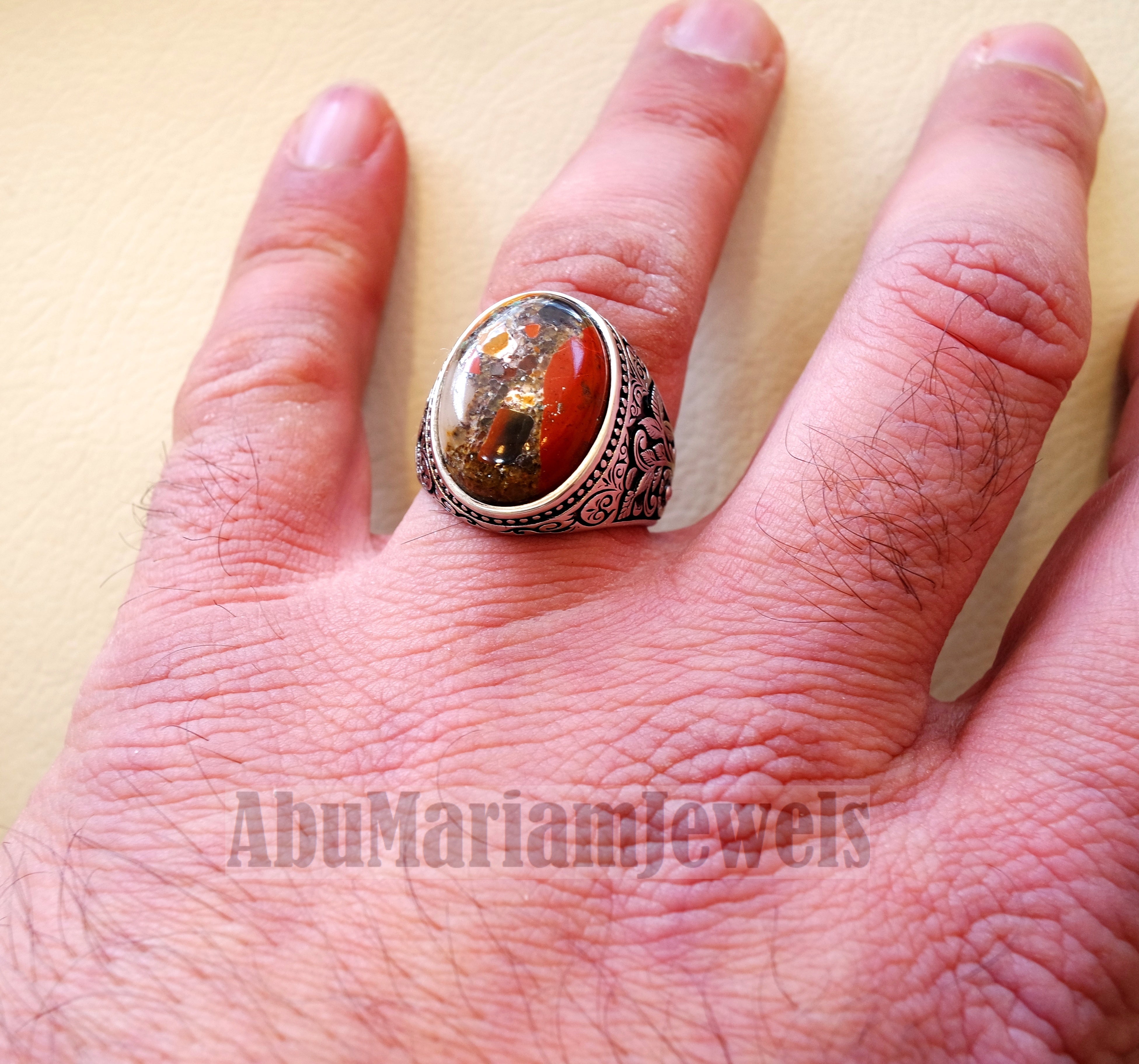 man ring Conglomerate natural stone sterling silver 925 oval cabochon semi precious ottoman style all sizes jewelry colors red brown white