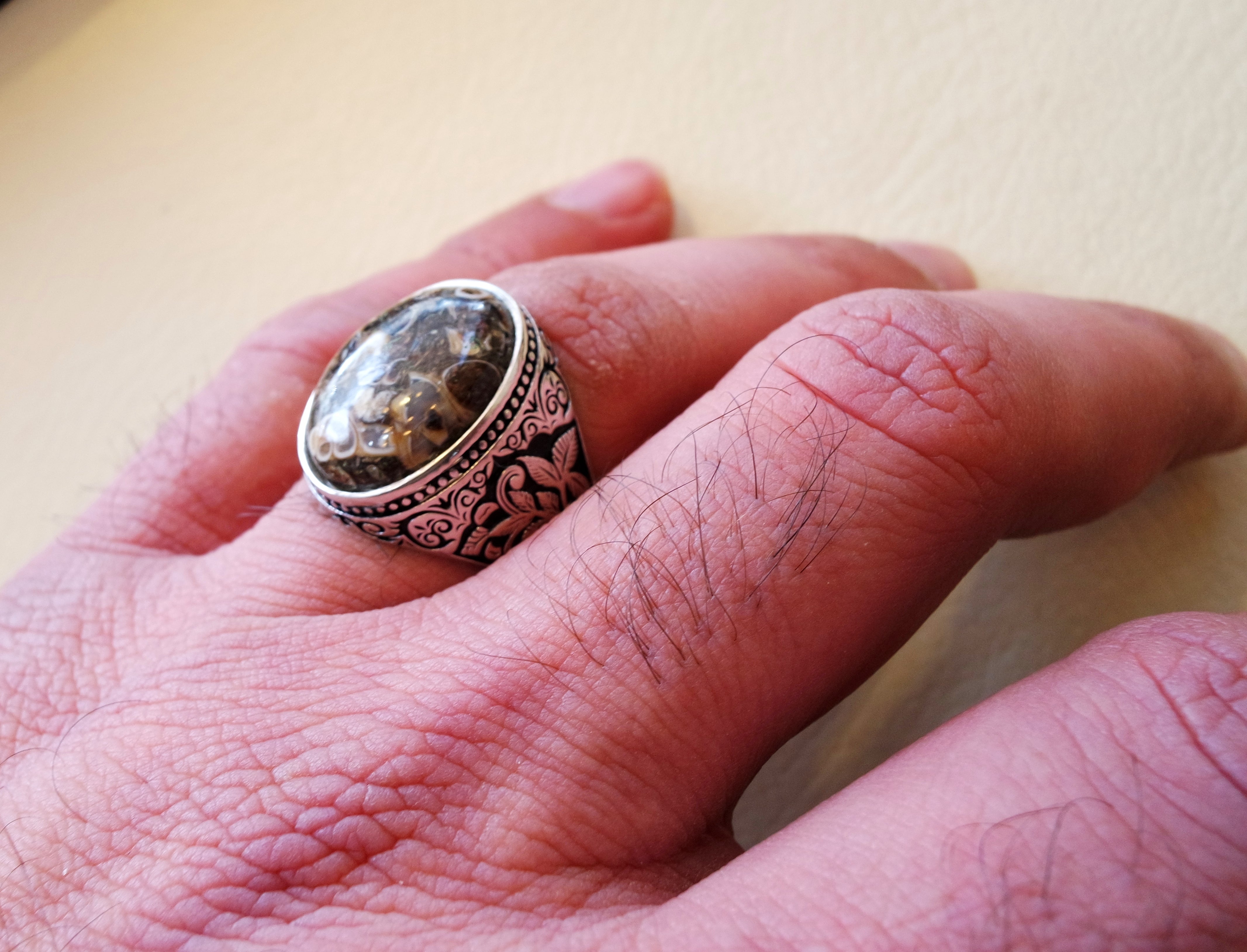 Turtella turtle jasper stunning natural stone semi precious cabochon oval heavy man ring sterling silver all sizes fast shipping