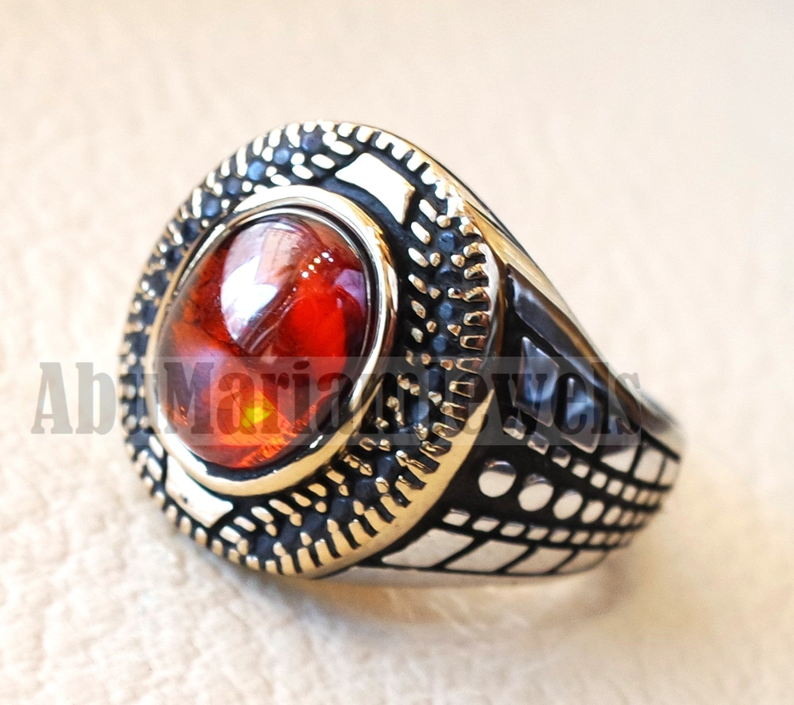 Oval red ruby garnet color synthetic imitation stone sterling silver 925 bronze stunning ring all sizes middle eastern jewelry black CZ