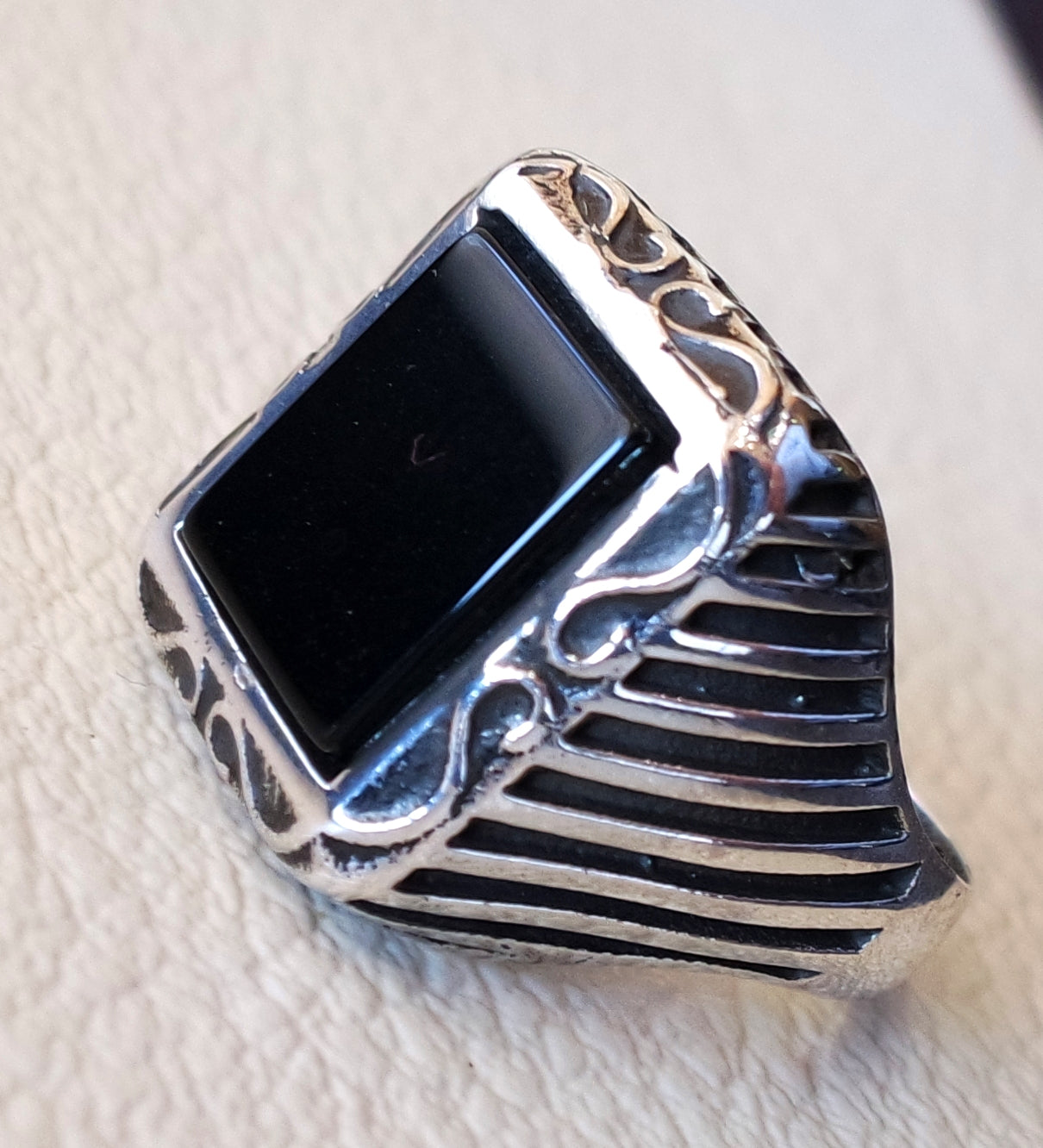 Rectangular silver onyx black aqeeq flat natural agate gemstone men ottoman style ring sterling silver 925 jewelry all sizes fast shipping