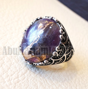 man ring copper amethyst natural purple stone sterling silver 925 oval cabochon semi precious gem ottoman arabic style all sizes jewelry