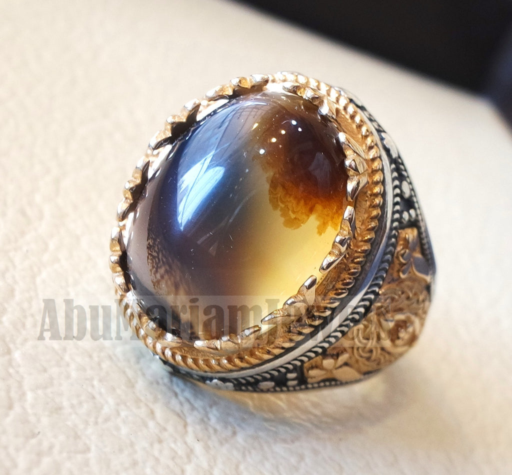 Oval yamani aqeeq natural semi precious Sulymani agate gem men ring sterling silver 925 and bronze jewelry all sizes عقيق يماني aq006