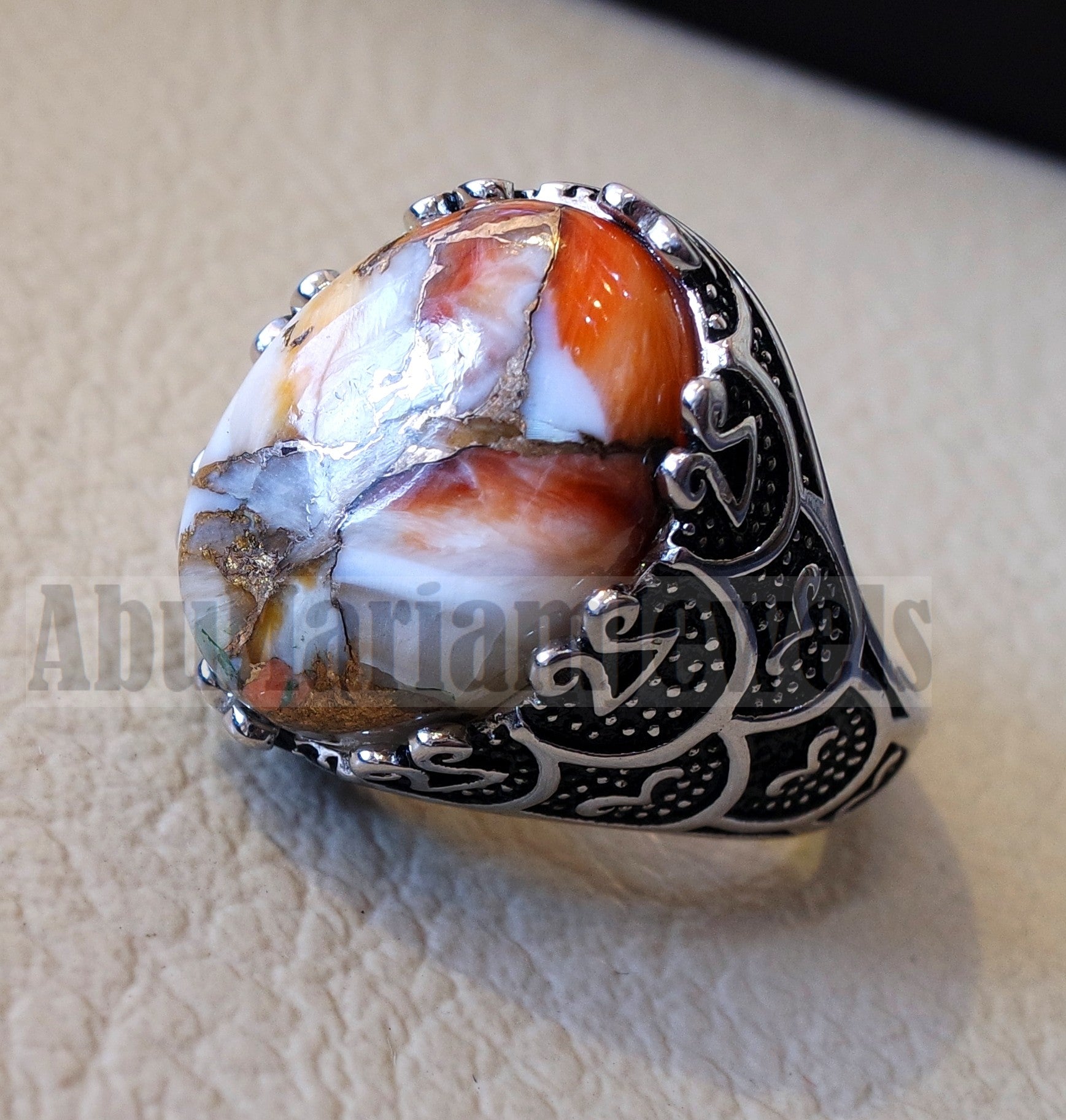 man ring copper oyster natural stone sterling silver 925 oval cabochon semi precious gem ottoman arabic style all sizes jewelry