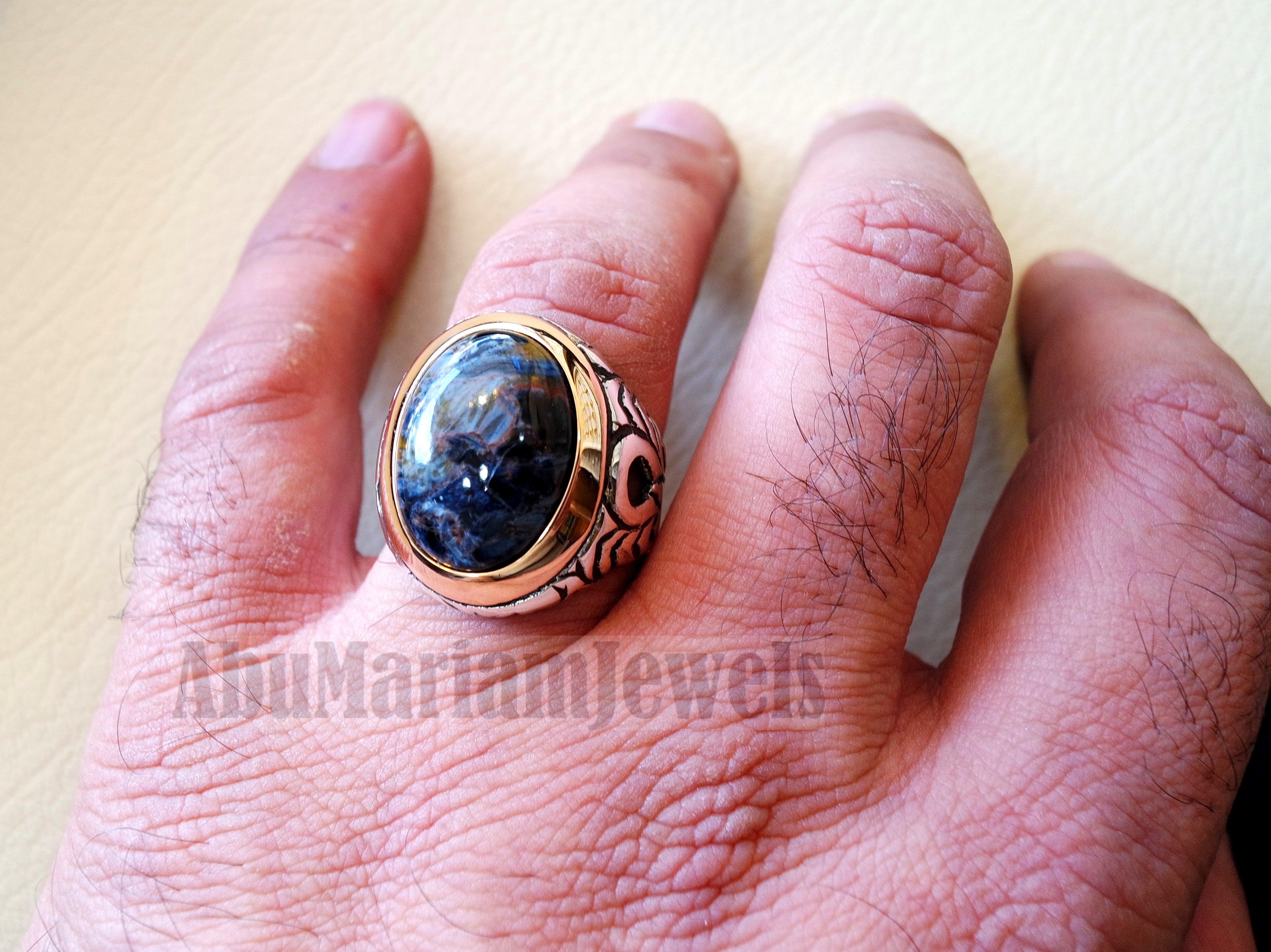 man ring pietersite natural stunning tempest stone sterling silver 925 and bronze frame oval cabochon multi color gem all sizes jewelry