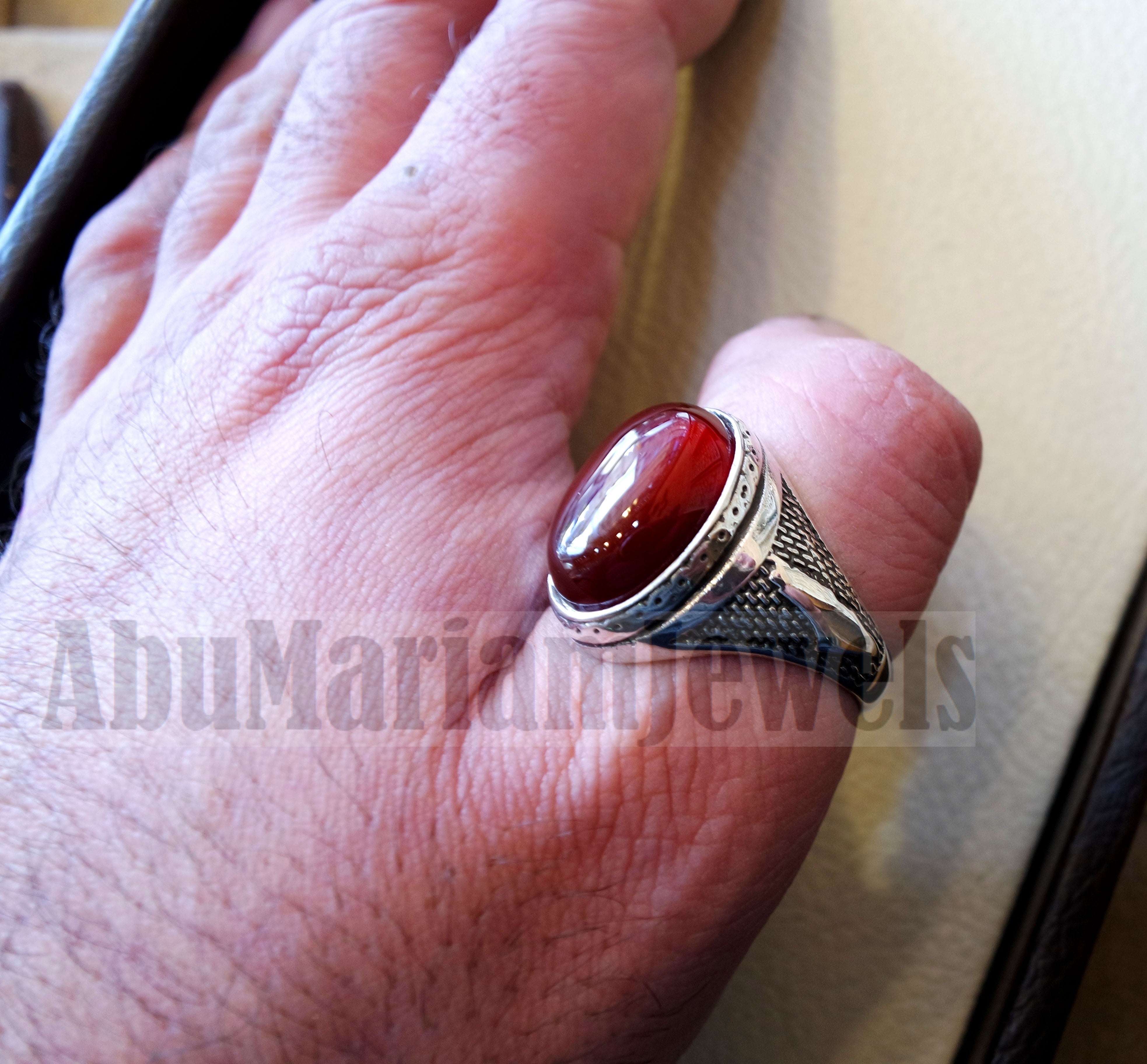 Palestine map men ring red natural agate aqeeq carnelian stone sterling silver 925 all sizes middle eastern ottoman style fast shipping خاتم فلسطين