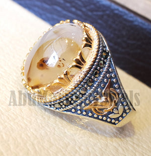 Oval yamani aqeeq natural semi precious multi color agate gem men ring sterling silver 925 and bronze jewelry all sizes  1007 عقيق يماني