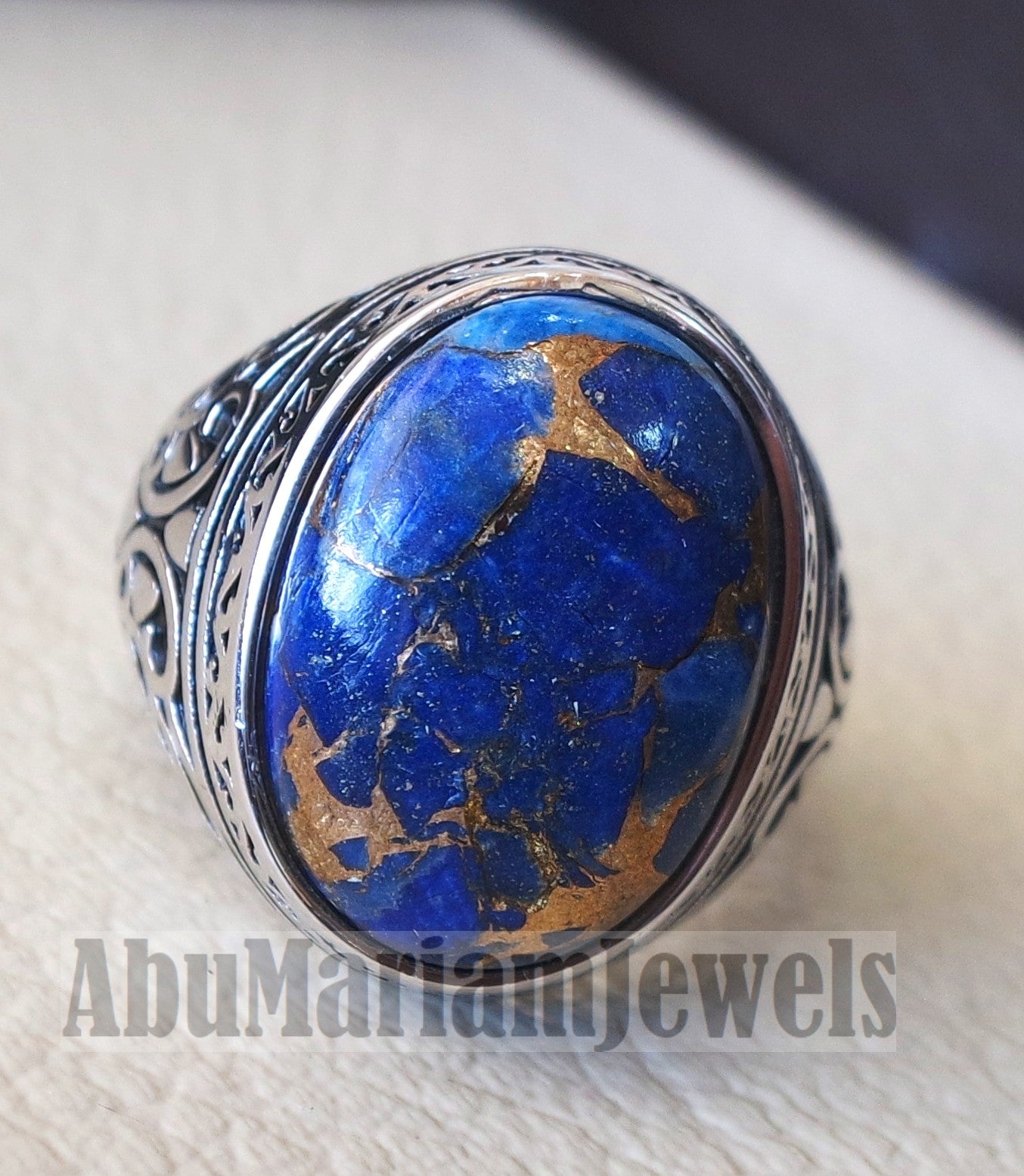 man ring copper Lapis lazuli natural stone sterling silver 925 oval cabochon semi precious gem ottoman arabic style all sizes jewelry