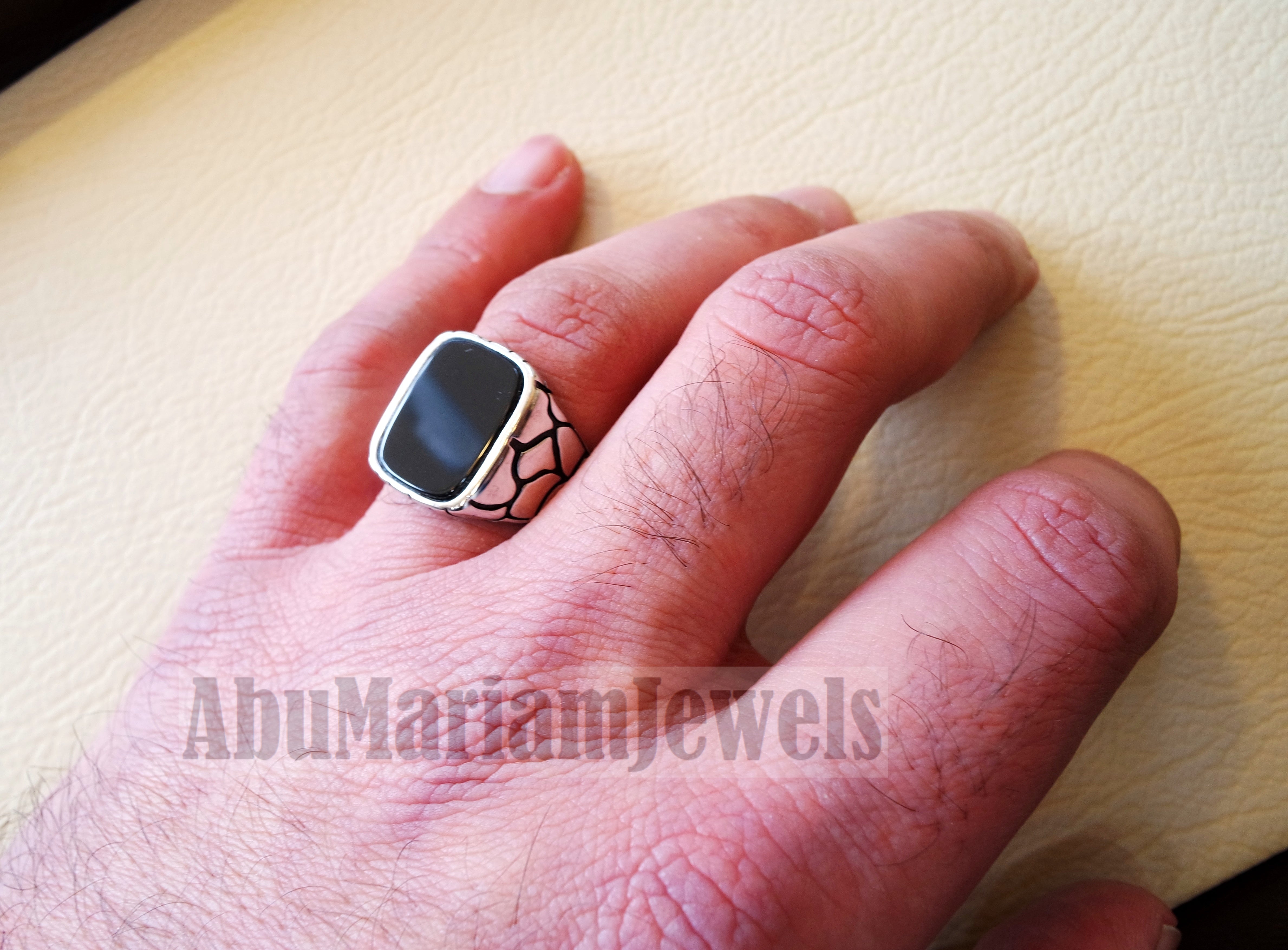 cushion rectangular octagon black onyx agate aqeeq man signet ring sterling silver 925 natural stone all sizes jewelry fast shipping