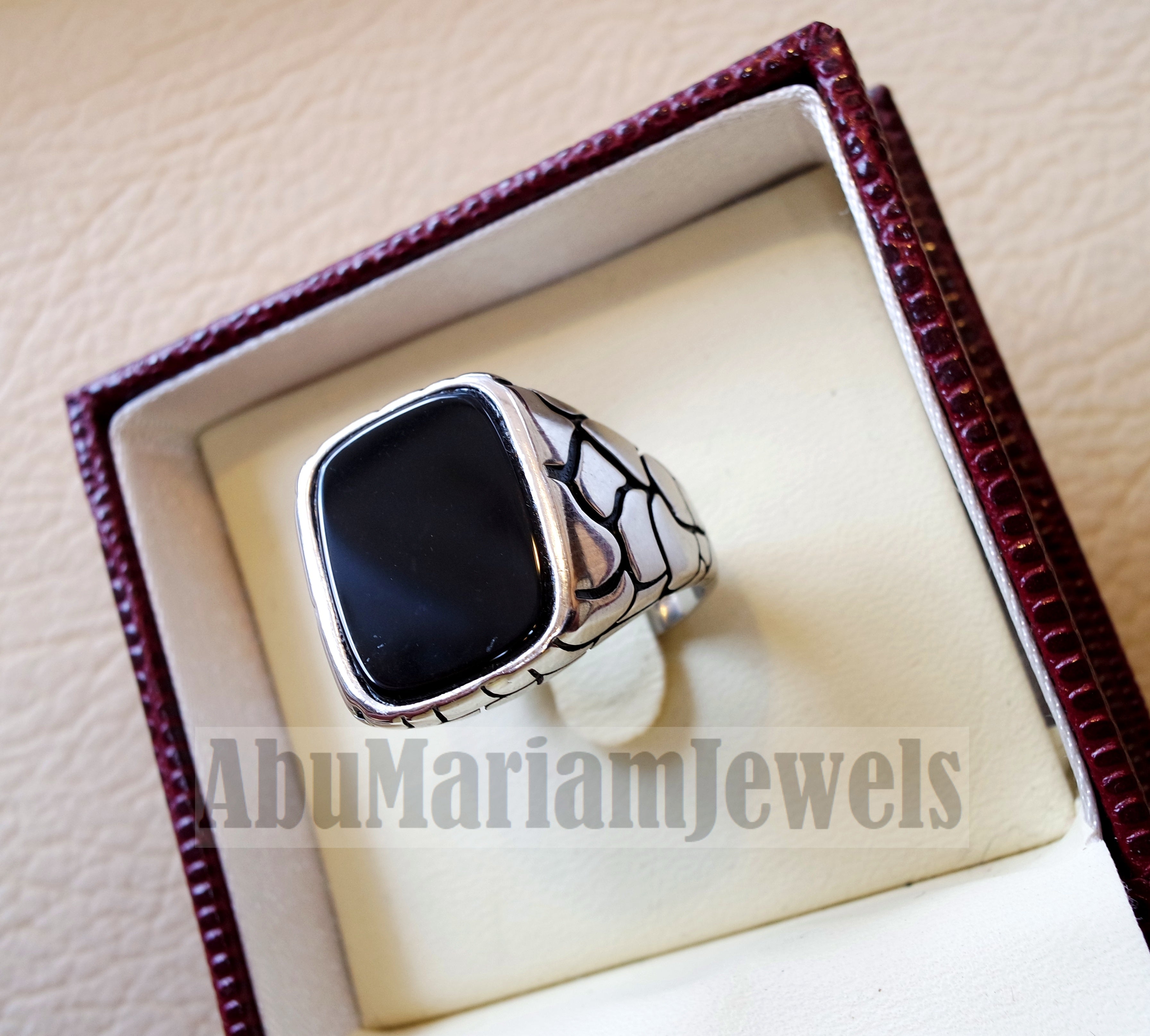 cushion rectangular octagon black onyx agate aqeeq man signet ring sterling silver 925 natural stone all sizes jewelry fast shipping