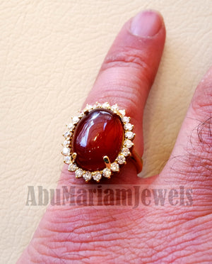 Cluster 18K gold carnelian red aqeeq agate ladies ring cabochon oval stone all sizes jewelry classic style white cubic zircon around