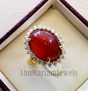 Cluster 18K gold carnelian red aqeeq agate ladies ring cabochon oval stone all sizes jewelry classic style white cubic zircon around