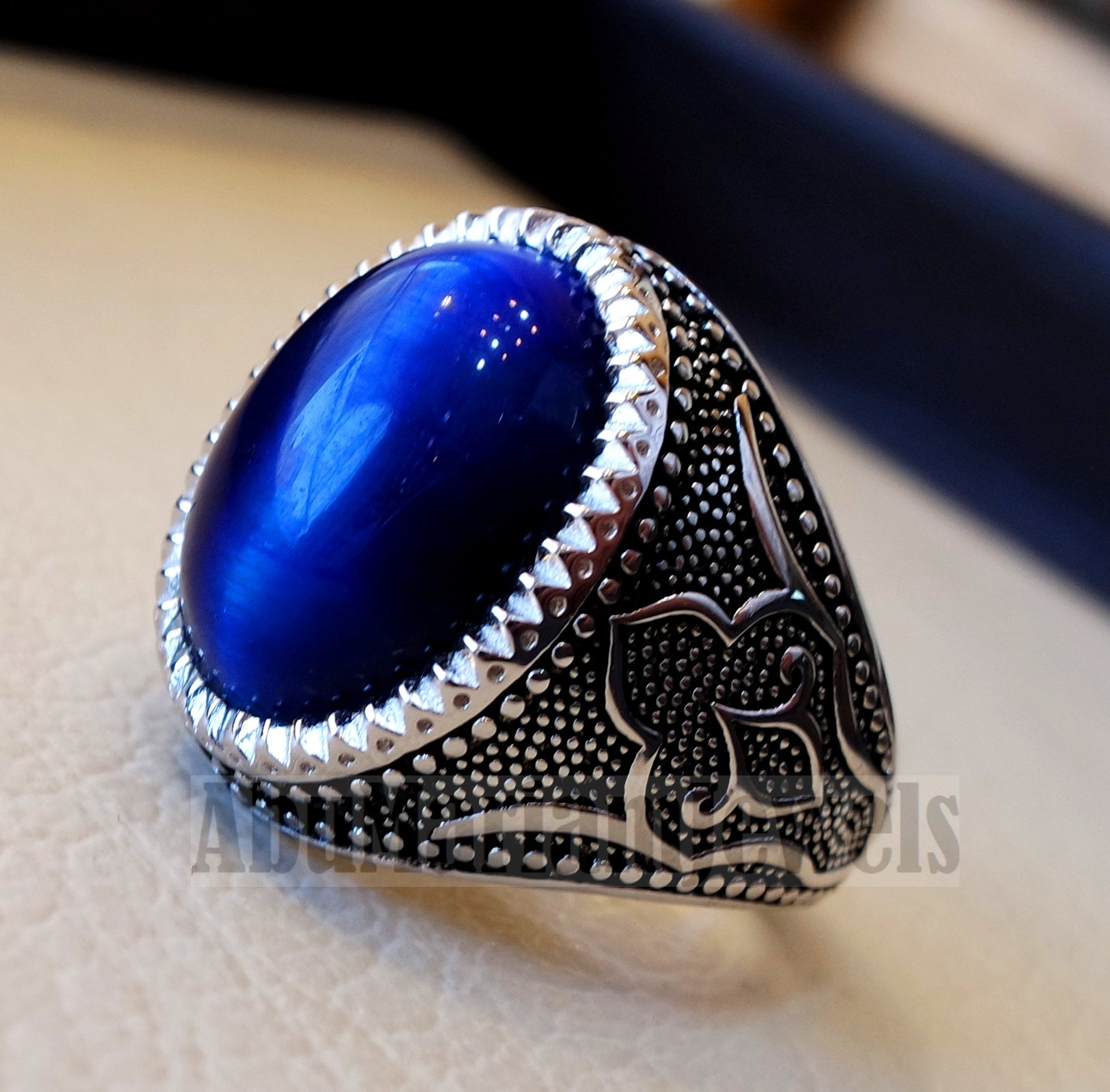 Stunning tiger eye blue stone men ring sterling silver 925 oriental jewelry handmade Arabic Turkey Ottoman style any size