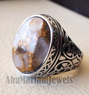 man ring copper Calcite natural stone sterling silver 925 oval cabochon semi precious gem ottoman arabic style all sizes jewelry