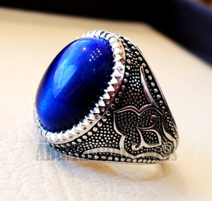 Stunning tiger eye blue stone men ring sterling silver 925 oriental jewelry handmade Arabic Turkey Ottoman style any size