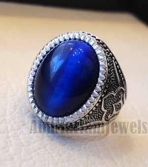 Stunning tiger eye blue stone men ring sterling silver 925 oriental jewelry handmade Arabic Turkey Ottoman style any size