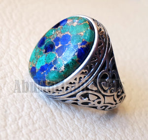 man ring copper Azurite natural stone sterling silver 925 oval cabochon semi precious gem ottoman arabic style all sizes jewelry