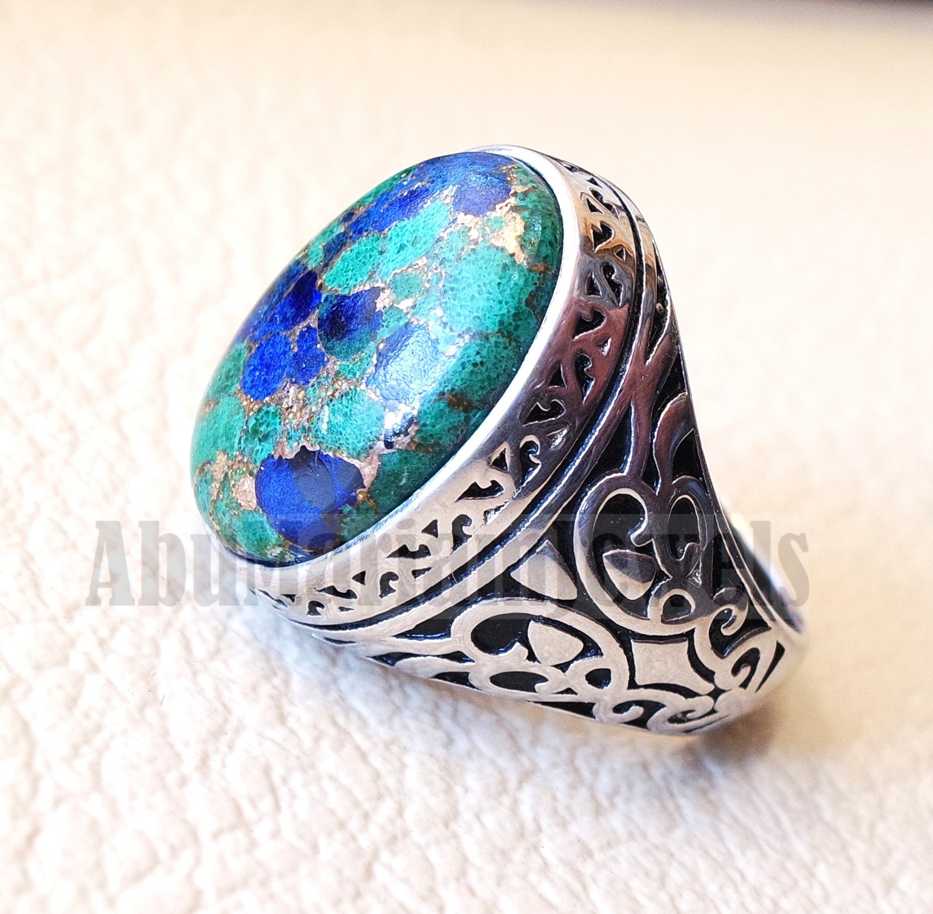 man ring copper Azurite natural stone sterling silver 925 oval cabochon semi precious gem ottoman arabic style all sizes jewelry