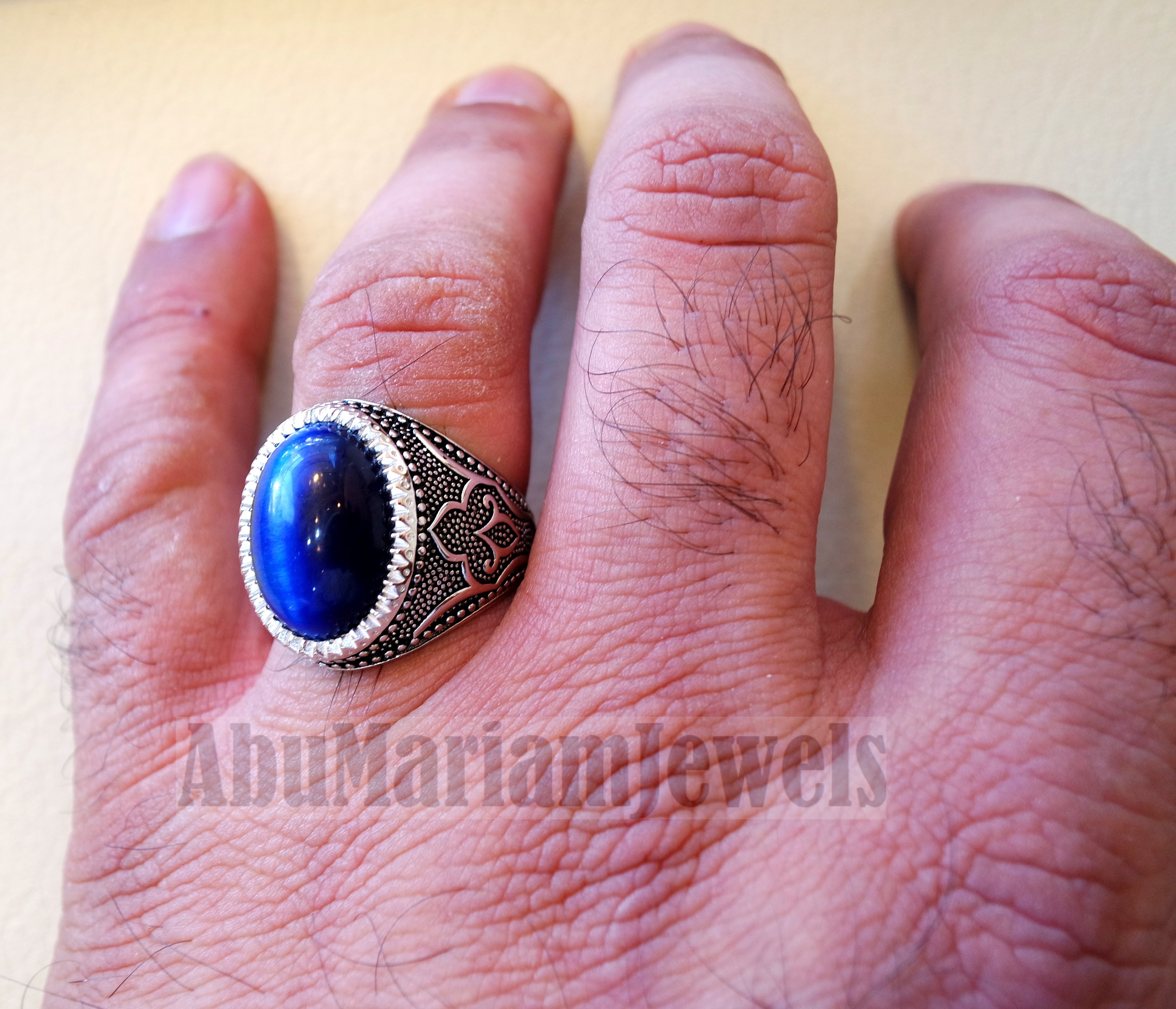 Stunning tiger eye blue stone men ring sterling silver 925 oriental jewelry handmade Arabic Turkey Ottoman style any size