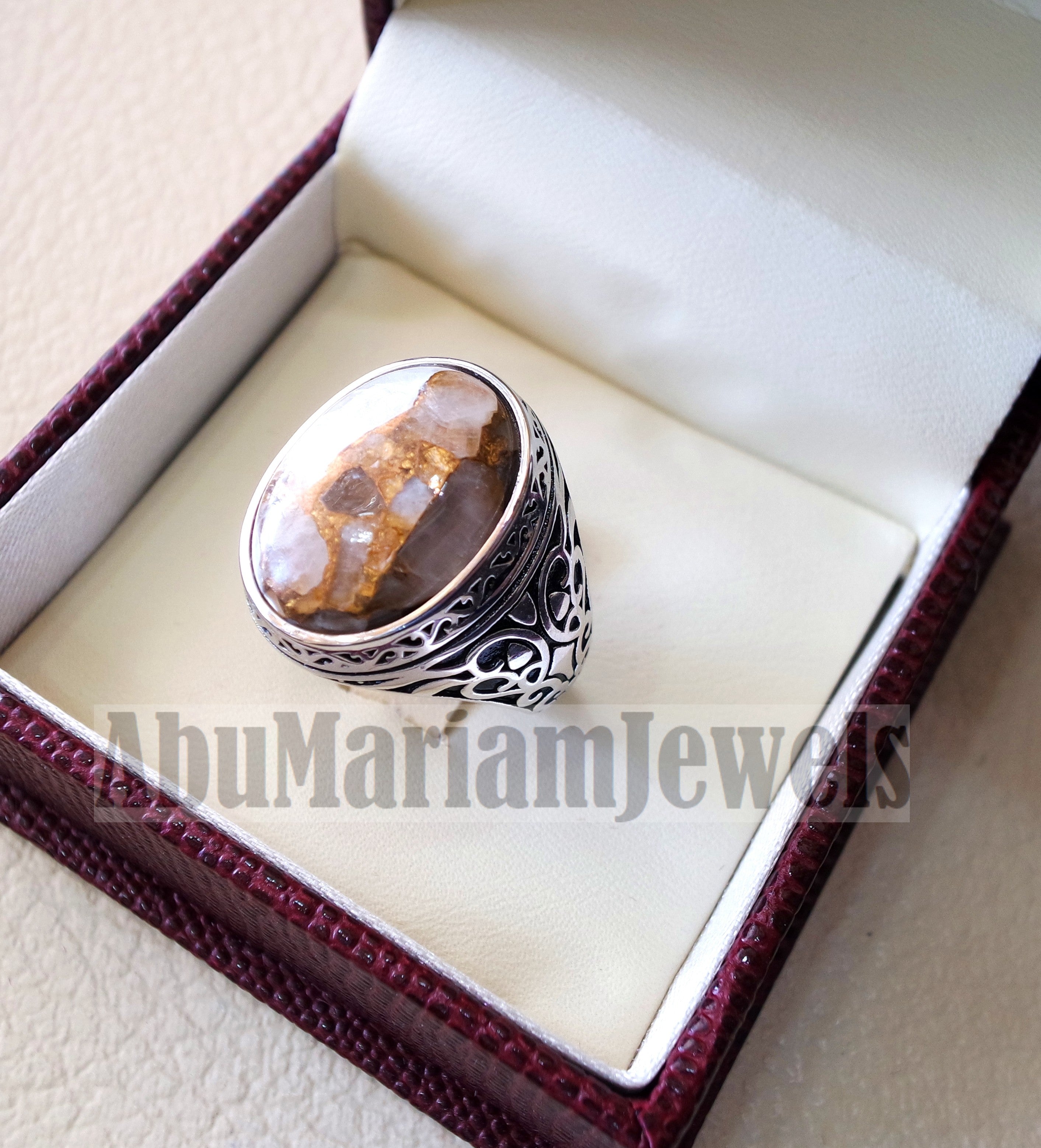 man ring copper Calcite natural stone sterling silver 925 oval cabochon semi precious gem ottoman arabic style all sizes jewelry