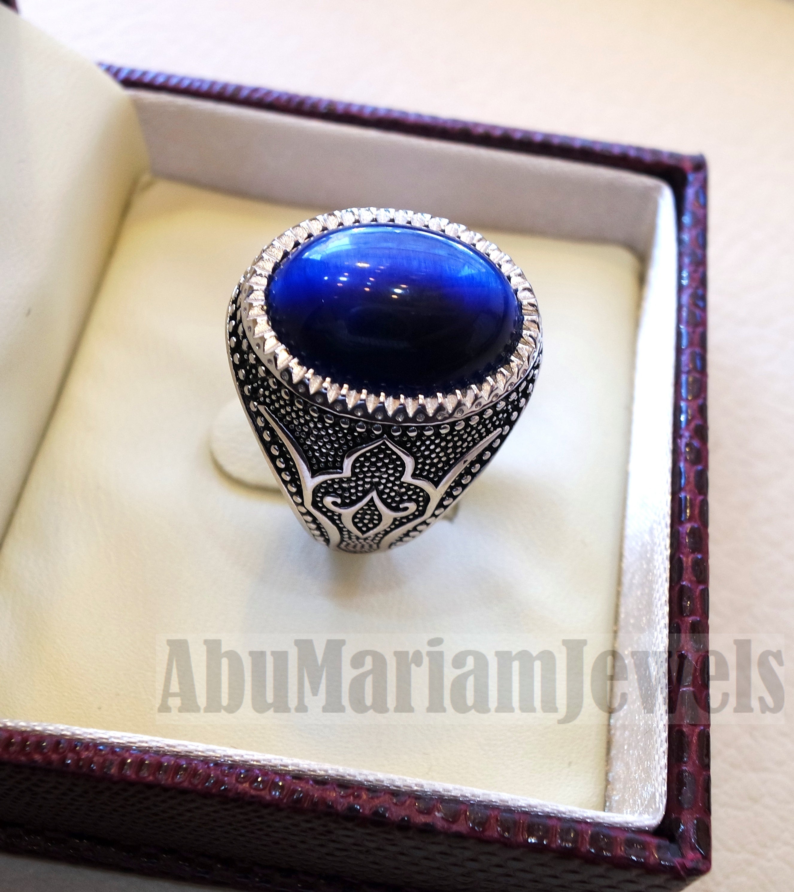 Stunning tiger eye blue stone men ring sterling silver 925 oriental jewelry handmade Arabic Turkey Ottoman style any size