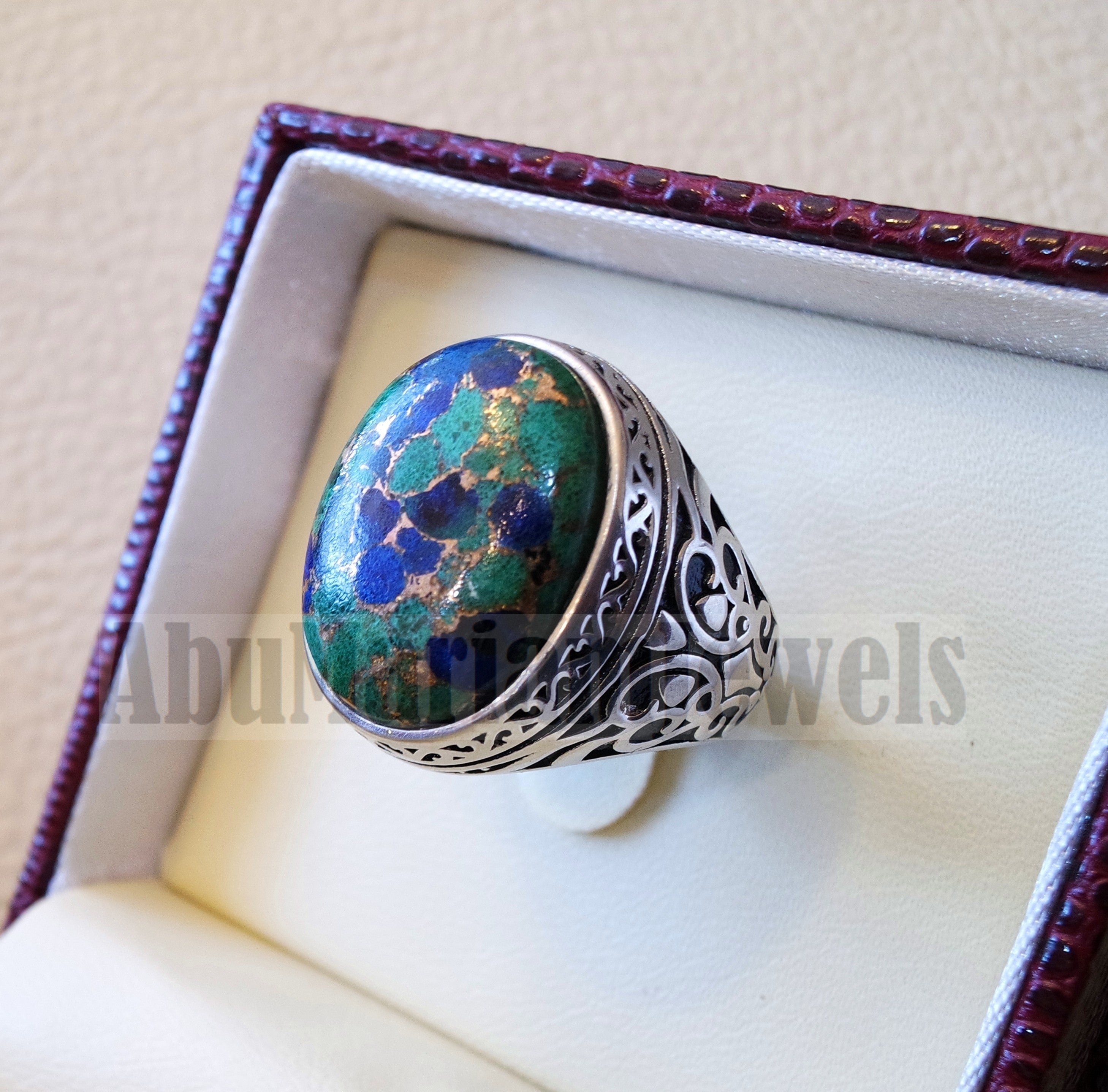 man ring copper Azurite natural stone sterling silver 925 oval cabochon semi precious gem ottoman arabic style all sizes jewelry