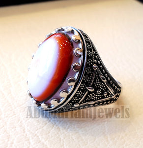 multi color yemen agate aqeeq carnelian sterling silver 925 ring stunning jewelry red orange brown white yellow arabic style oval
