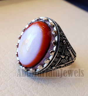 multi color yemen agate aqeeq carnelian sterling silver 925 ring stunning jewelry red orange brown white yellow arabic style oval