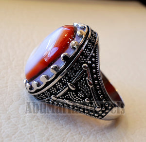 multi color yemen agate aqeeq carnelian sterling silver 925 ring stunning jewelry red orange brown white yellow arabic style oval