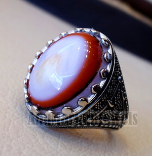 multi color yemen agate aqeeq carnelian sterling silver 925 ring stunning jewelry red orange brown white yellow arabic style oval