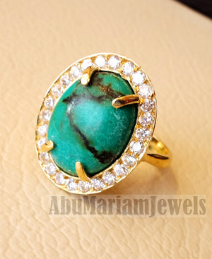 Women 18K gold naural tibet turquoise ladies ring cabochon oval stone all sizes jewelry classic style white cubic zircon around