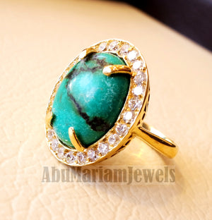 Women 18K gold naural tibet turquoise ladies ring cabochon oval stone all sizes jewelry classic style white cubic zircon around