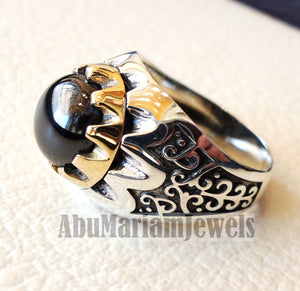 natural round onyx agate black stone sterling silver 925 men ring arabic turkish ottoman antique style all sizes jewelry with bronze frame