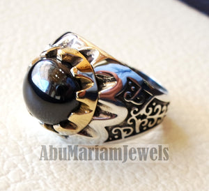 natural round onyx agate black stone sterling silver 925 men ring arabic turkish ottoman antique style all sizes jewelry with bronze frame