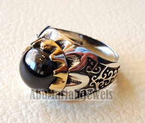 natural round onyx agate black stone sterling silver 925 men ring arabic turkish ottoman antique style all sizes jewelry with bronze frame
