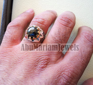 natural round onyx agate black stone sterling silver 925 men ring arabic turkish ottoman antique style all sizes jewelry with bronze frame