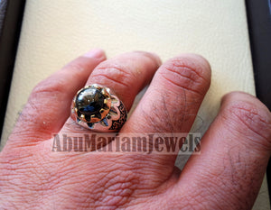 natural round onyx agate black stone sterling silver 925 men ring arabic turkish ottoman antique style all sizes jewelry with bronze frame