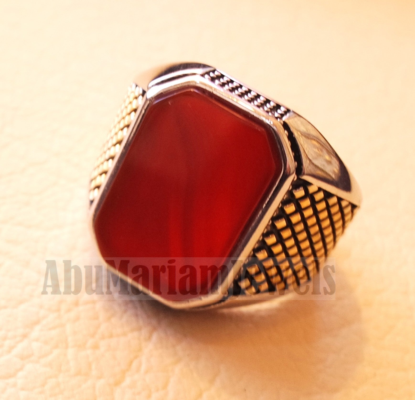 rectangular octagon agate red aqeeq carnelian man ring sterling silver 925 Yellow 14 k plated sides natural stone gem all sizes jewelry