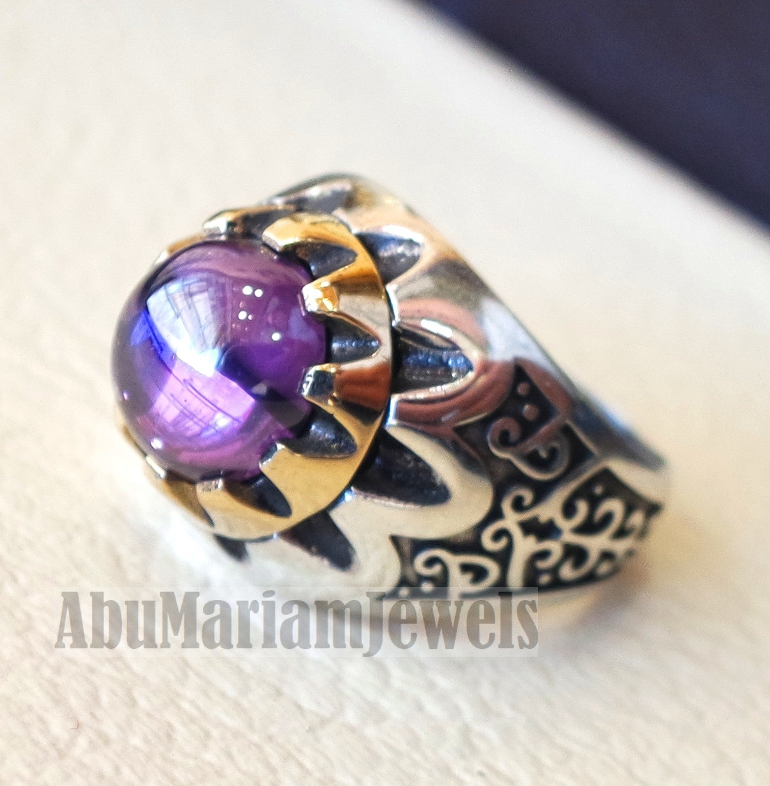 Round purple tanzanite amethyst color synthetic imitation stone sterling silver 925 bronze stunning ring all sizes middle eastern jewelry