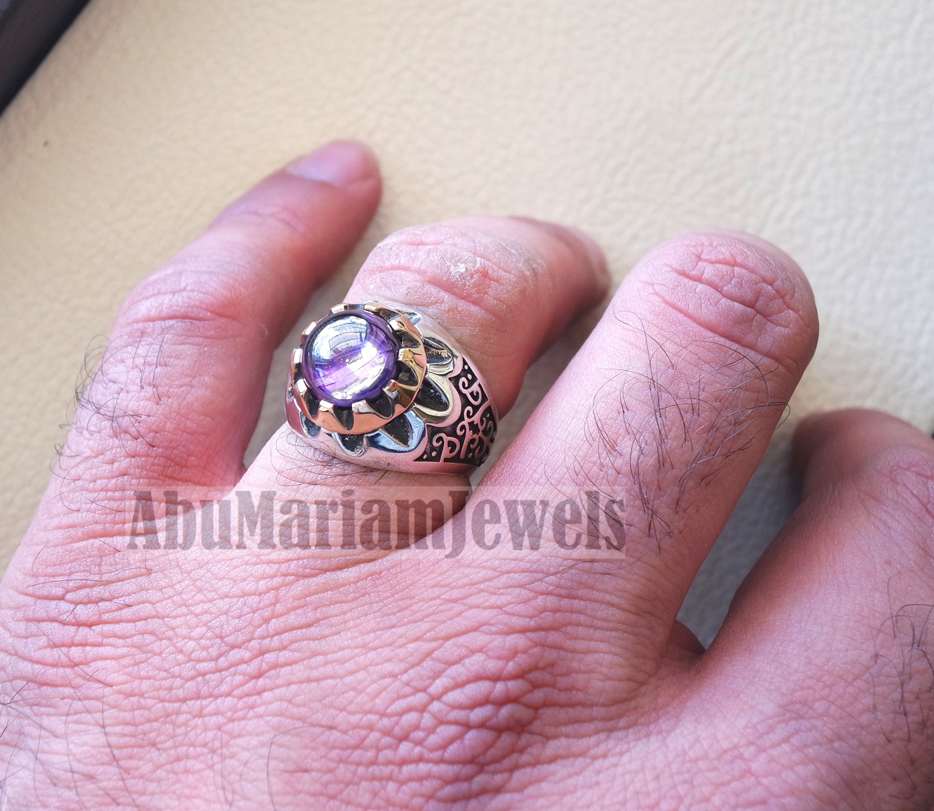 Round purple tanzanite amethyst color synthetic imitation stone sterling silver 925 bronze stunning ring all sizes middle eastern jewelry