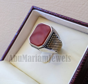 rectangular octagon agate red aqeeq carnelian man ring sterling silver 925 Yellow 14 k plated sides natural stone gem all sizes jewelry